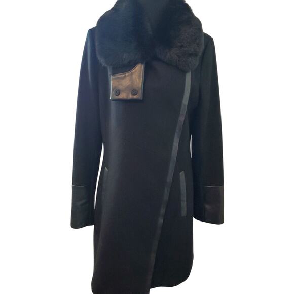 Rachel Roy Coat Womens Size Medium Black Removable Faux Fur Collar Wool Blend
